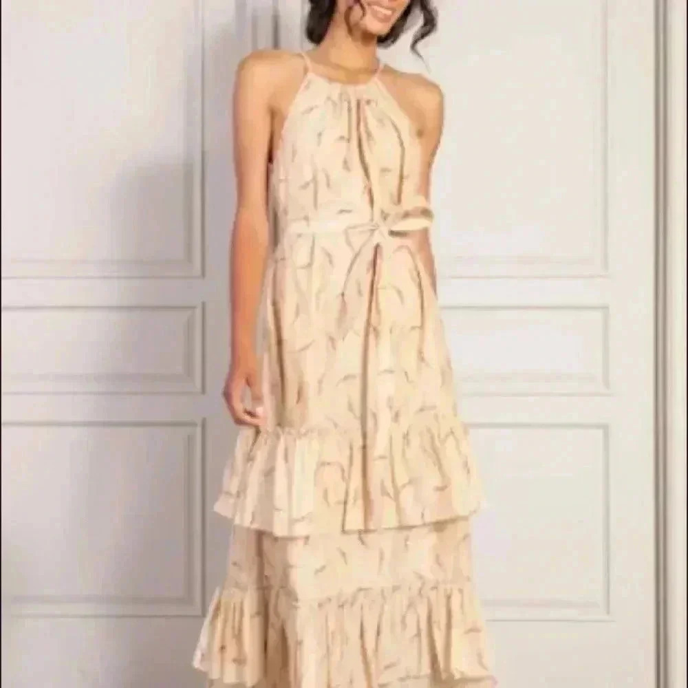 🆕Senlis Red & Gold Leaf Stephanie Tiered Ruffle Tie-Waist Sleeveless Dress S🆕 - Picture 3 of 11